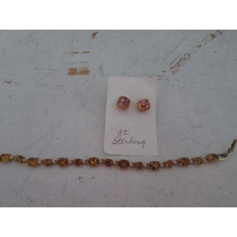 Lauren Conrad Gold tone w Amber Rhinestone Tennis Bracelet & CZ Sterling Earring